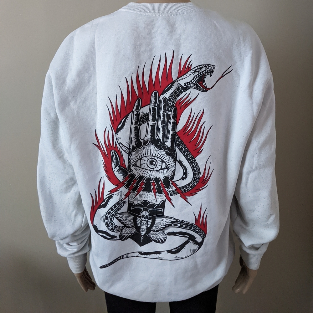 One eye on hand graphic white crewneck sweater, men's medium